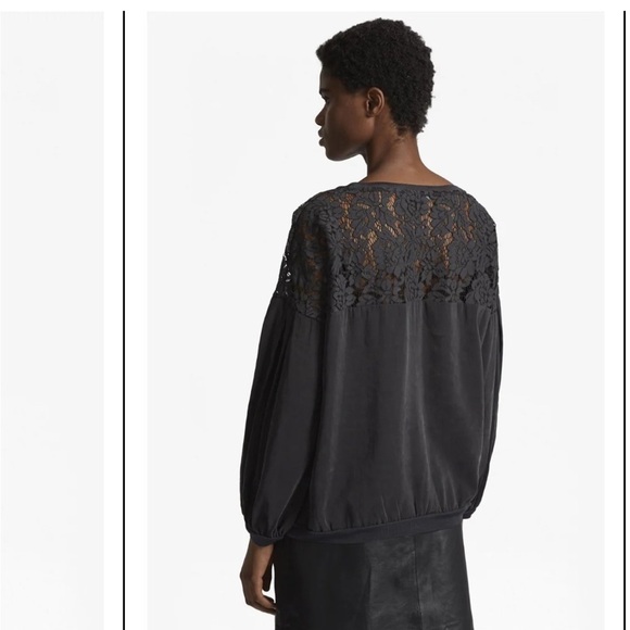 French Connection Lassia Cupro Lace Yoke Top Knit Sweater Black Small S - Picture 4 of 6